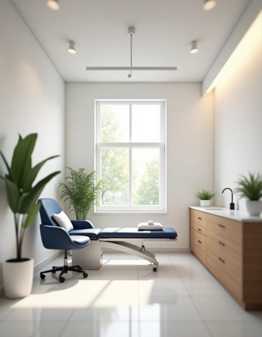 Doctor's consultation room with a desk and examination couch