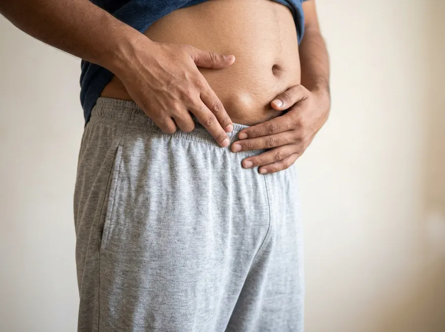 A small hernia bulge just above the groin