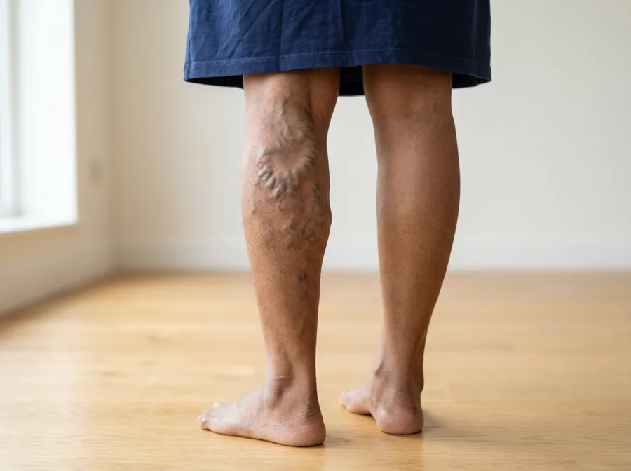 Swollen, twisted varicose veins on the calf
